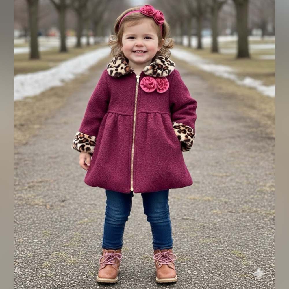 Penelope Mack Faux Fur Coat size 3T wine raspberry collar zipper leopard faux